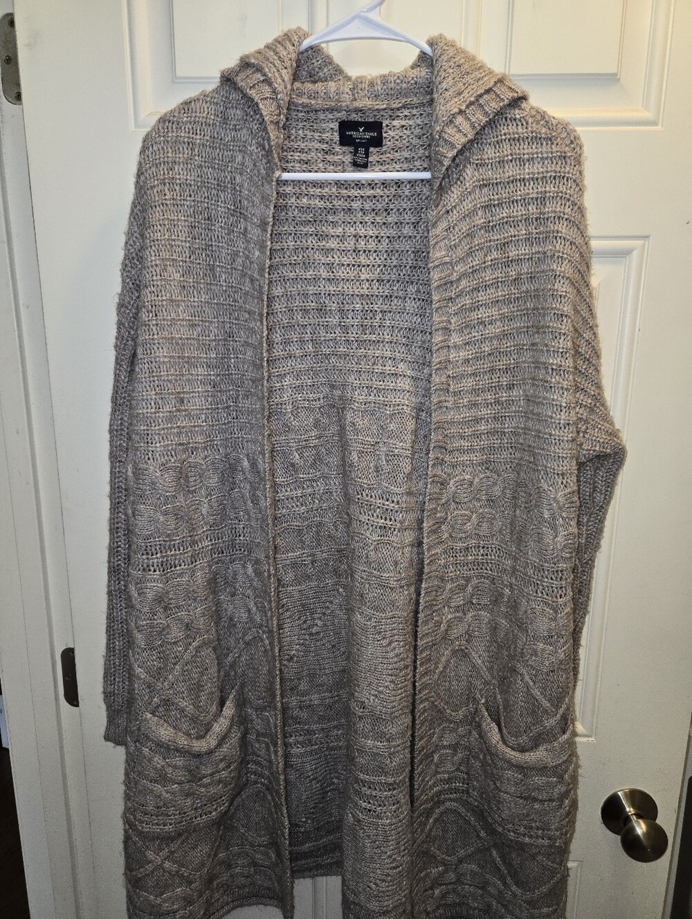 Hooded Cable Knit Cardigan Sweater - Taupe Heather